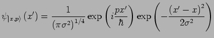 $\displaystyle \psi_{\vert x,p\rangle}\left(x'\right)=\frac{1}{\left(\pi\sigma^{...
...c{px'}{\hbar}\right)\exp\left(-\frac{\left(x'-x\right)^{2}}{2\sigma^{2}}\right)$
